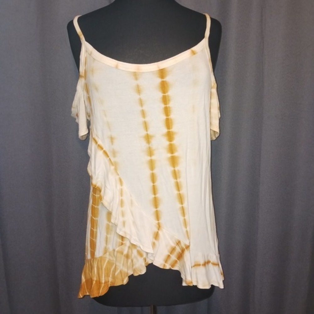 Shop Basic Y2k Boho Mustard Yellow Tie Dye Cold Shoulder Ruffle‎ Top Large